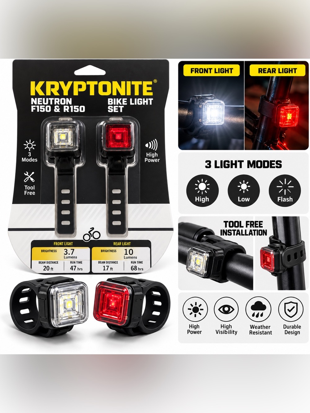 Front & Rear Bike Light Set - Black with White & Red Lights